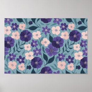 Poster Flore violette et rose sur un Arrière - plan Turqu