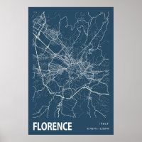 Florence Italie Plan Ville Ligne Art Bleu Imprimer