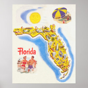 Poster Floride carte touristique vintage attractions