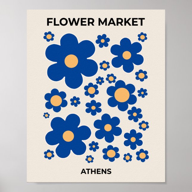 Poster Flower Market Athènes Floral Bleu Jaune Fleurs (Devant)
