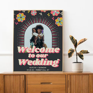Poster Flower Power 70's Rétro Mariage Groovy de Bienvenu
