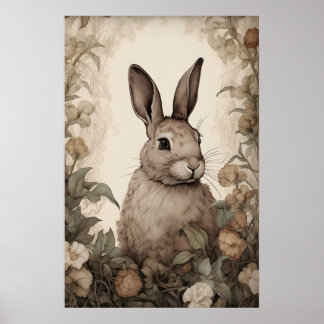 Poster Flower Rabbit Bunny Print, Rustic Hare Cottagecore