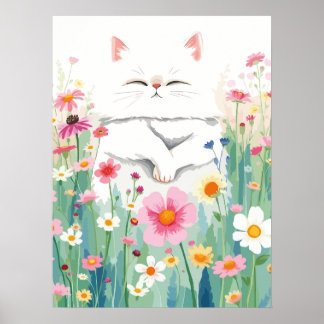 Poster Fluffeux chat blanc dans la prairie fleur sauvage,