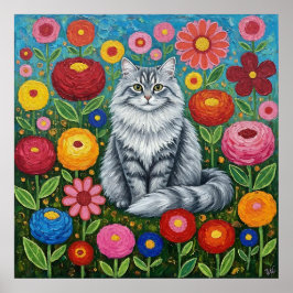 Poster Fluffy Gray Striped Cat with Folk Art Flowers