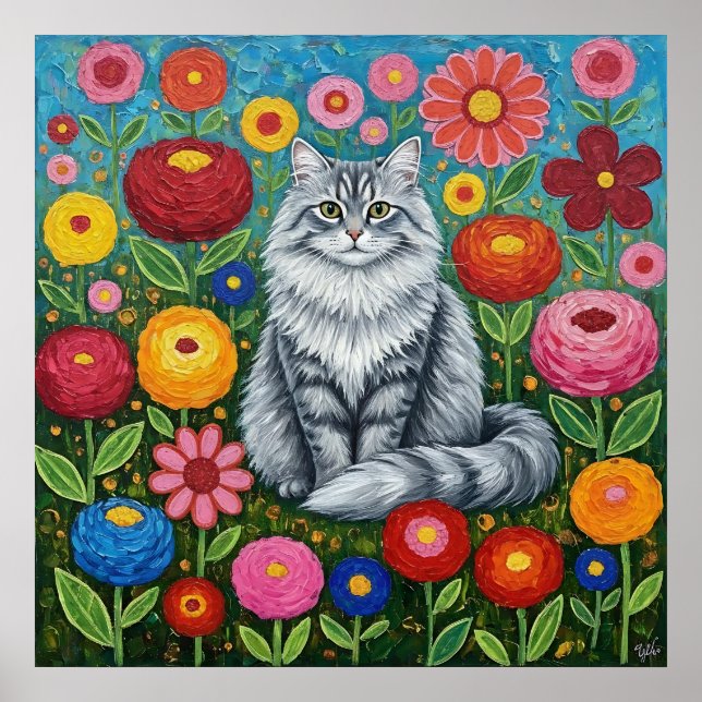 Poster Fluffy Gray Striped Cat with Folk Art Flowers (Devant)