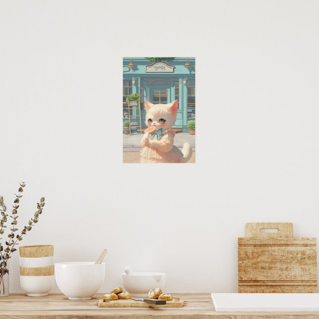 Poster Fluffy Kitten avec Lollipop à la pâtisserie (Cuisine)