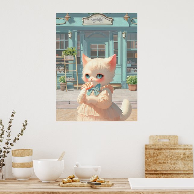 Poster Fluffy Kitten avec Lollipop à la pâtisserie (Cuisine)