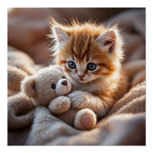 Poster Fluffy red kitten playing with a tiny teddy bear,  (Devant)