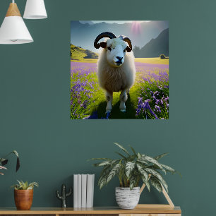 Poster Fluffy Sheep champ de fleurs violettes