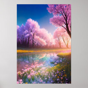 Poster Flux de cristal et champ de fleurs en floraison