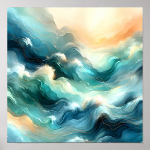 Poster Flux d'océan doré Vagues abstraites