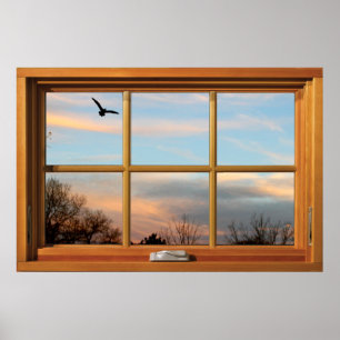 Poster Flying Bird Silhouette Illusion de fenêtre en boi
