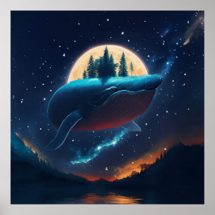 Poster Flying Humpback Baleine Lune Mer Lumière Forêts St
