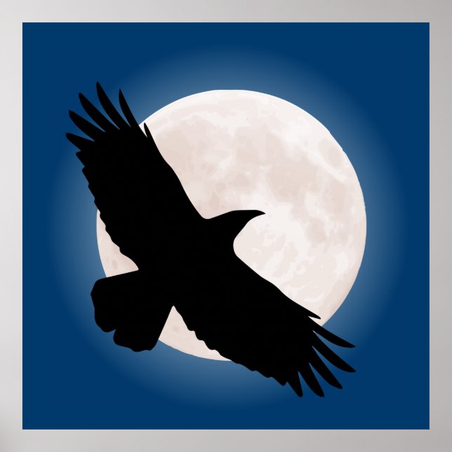 Poster Flying raven avec la lune derrière elle (Devant)