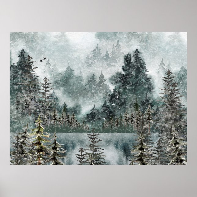 Poster Foggy Mountain Woodland Froid Lake (Devant)