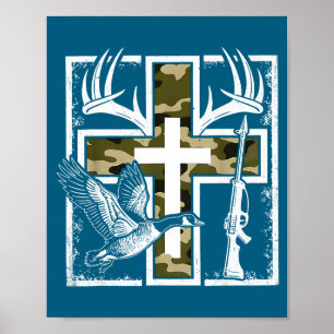 Poster Foi Pêche Chasse Camo Croix Canard Cerf Christi