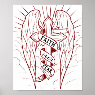 Poster Foi sur la peur Ange Ailes & Croix Art chrétien