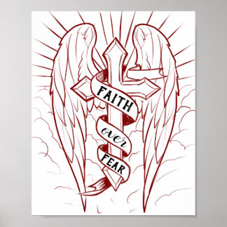 Poster Foi sur la peur Ange Ailes & Croix Art chrétien