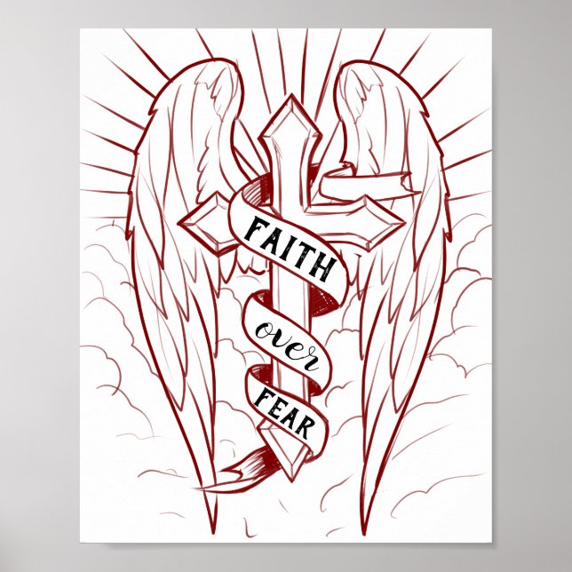 Poster Foi sur la peur Ange Ailes & Croix Art chrétien (Devant)