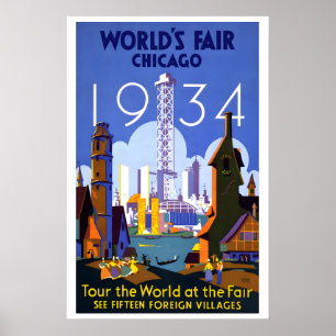 Poster Foire mondiale de Chicago 1934 Tour du monde Vinta