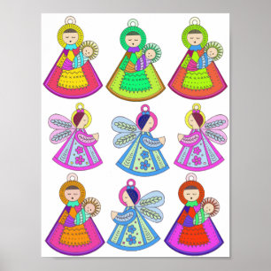 Poster Folk Art Christmas Ornaments Mary Jesus Angels
