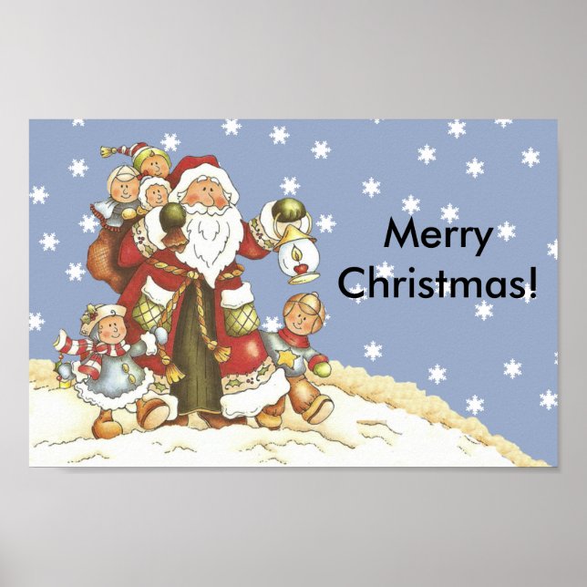 Poster Folk Art Père Noël Kids Christmas Snowflakes (Devant)