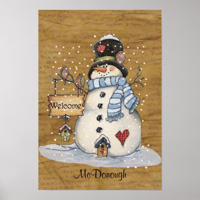 Poster Folk Art Snowman dans un vieux journal (Devant)