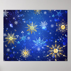 Poster Fond bleu de Noël avec flocons de neige dorés