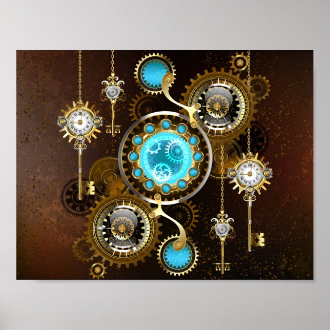 Poster Fond rouillé Steampunk avec verres turquoise (Devant)