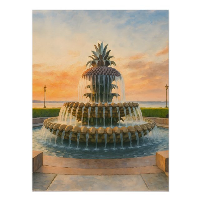Poster Fontaine d'ananas de Charleston Coucher du soleil (Devant)