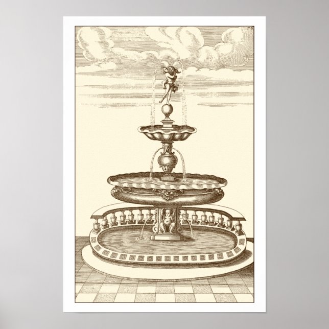 Poster Fontaine de cour avec chérub ornemental (Devant)