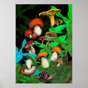 Poster Forest mushrooms and a snail