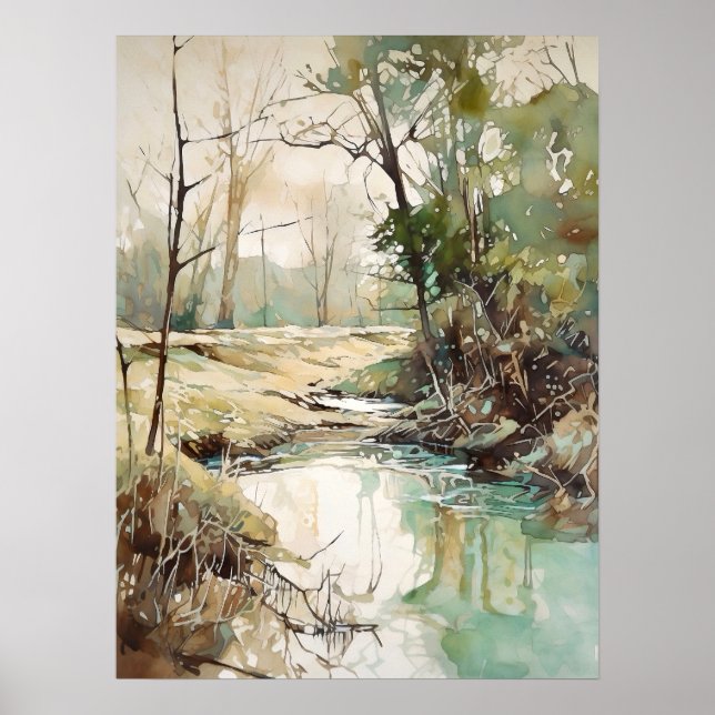 Poster Forest River Watercolor Painting  (Devant)