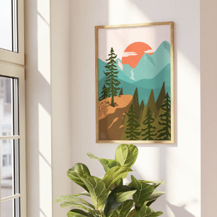 Poster Forêt Abstraite Moderne, Montagnes et Lever de Sol