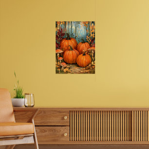 Poster Forêt automnale avec citrouilles et champignons,