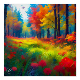 Poster Forêt avec des arbres et des fleurs colorés
