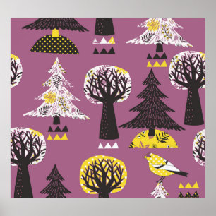 Poster Forêt colorée avec oiseaux, tuile transparente.