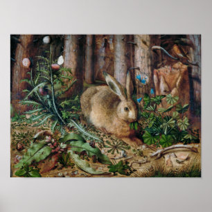Poster Forêt d'art du lièvre de fleurs vintage