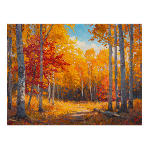 Poster Forêt d'automne animée avec Feuilles d'Orange et d