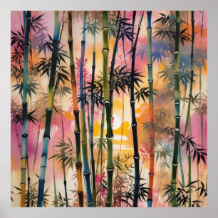 Poster Forêt de bambou dense au coucher du soleil