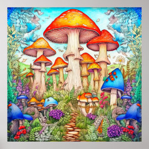 Poster Forêt de champignons sauvages psychédéliques color