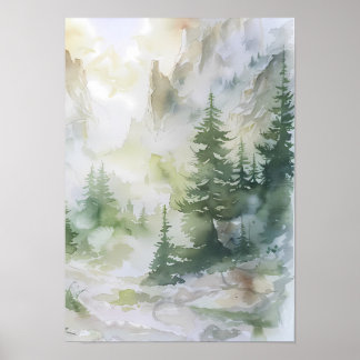 Poster Forêt de montagne embrumée à l'aquarelle