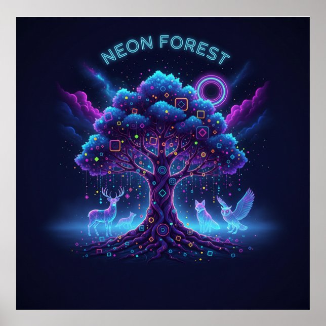 Poster Forêt de néon - Arbre brillant et animaux lumineux (Devant)