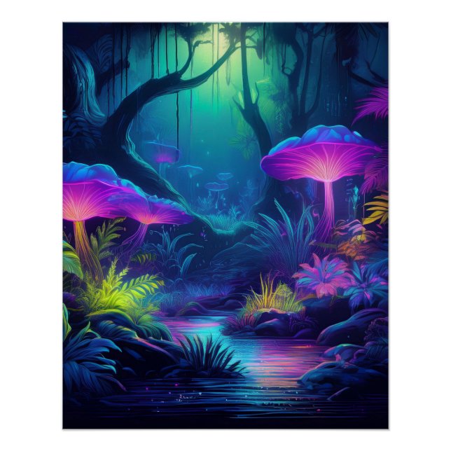 Poster Forêt de néon avec champignons et Plantes (Devant)