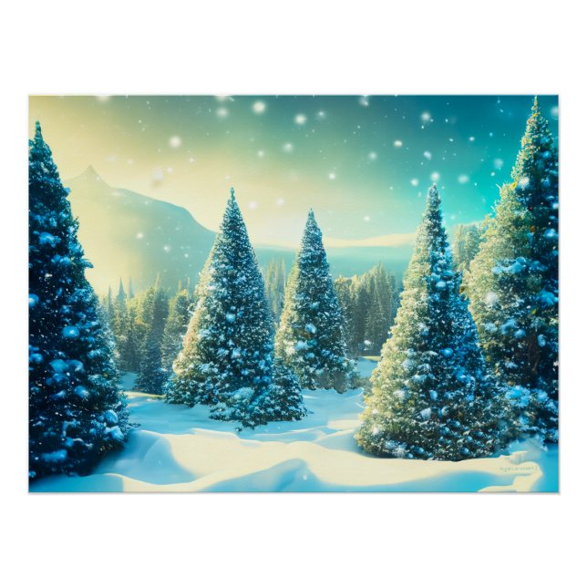Poster Forêt de pins neigeux Wonderland hiver (Devant)