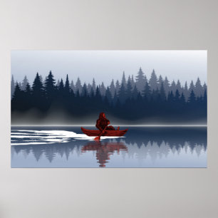 Poster Forêt de pins sauvage du lac Bigfoot en canoë