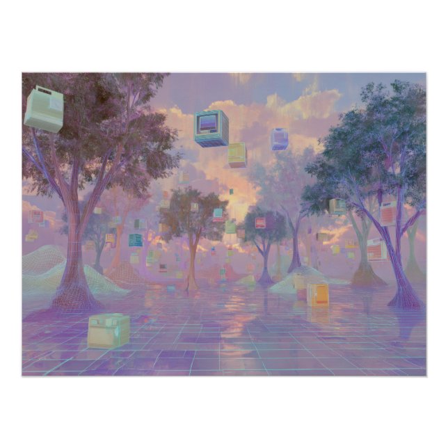 Poster Forêt de rêve Vaporwave avec fenêtres flottantes (Devant)