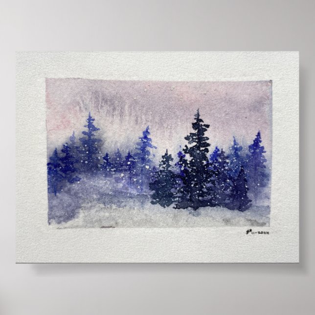Poster Forêt d'hiver - Fleurs d'aquarelles Imprimer (Devant)