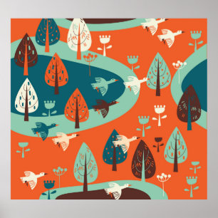 Poster Forêt d'oies : Scène Vintage de la nature