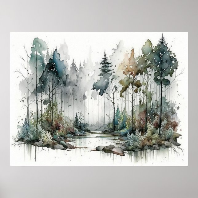 Poster Forêt en Aquarelle de pluie douce (Devant)